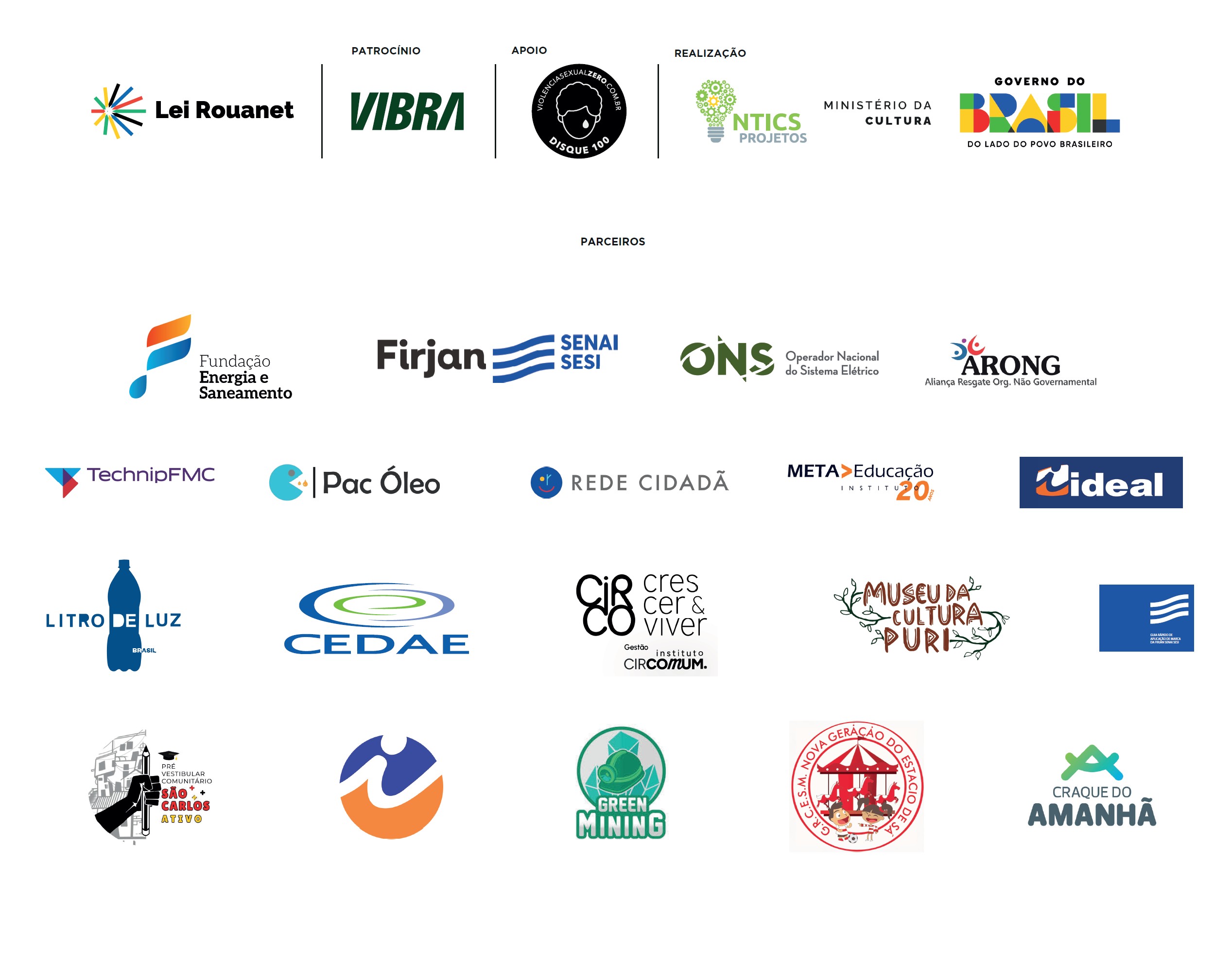 Lei Rouanet · Patrocínio Vibra · Apoio Violência Sexual Zero Disque 100 · Realização NTICS Projetos, Ministério da Cultura e Governo do Brasil · Parceiros da edição Rio de Janeiro